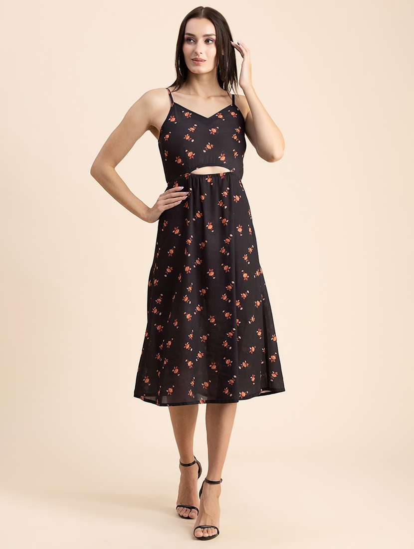  floral print shoulder strap a-line dress