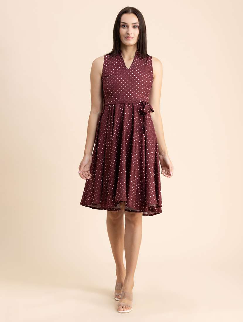 maroon polka dots fit & flare dress