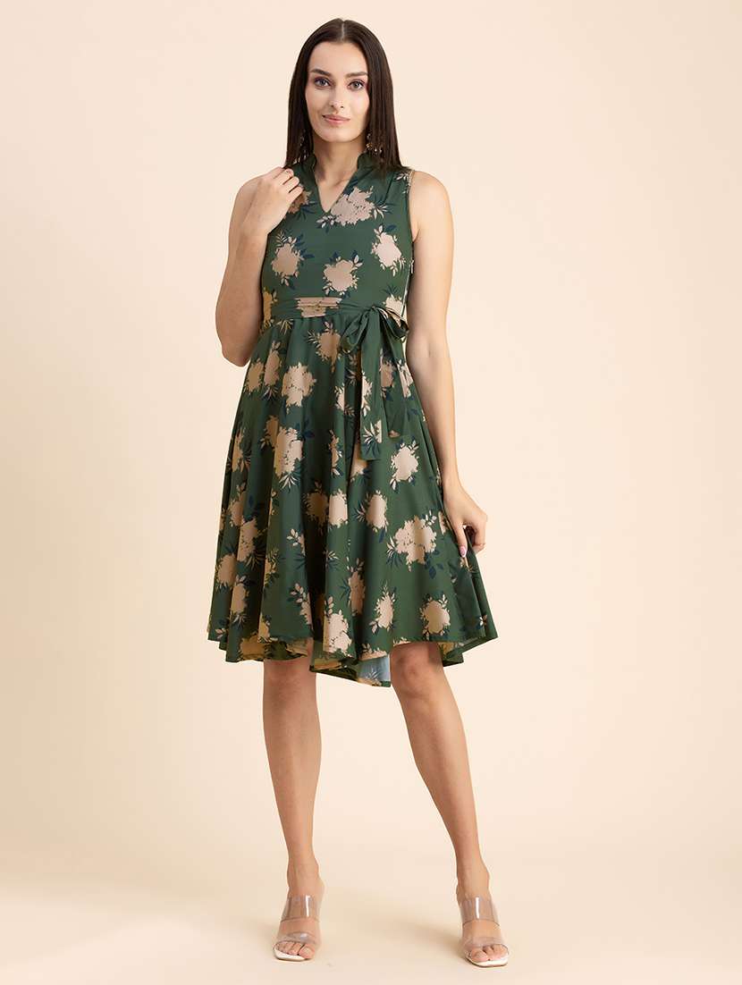 olive printed fit & flare dress
