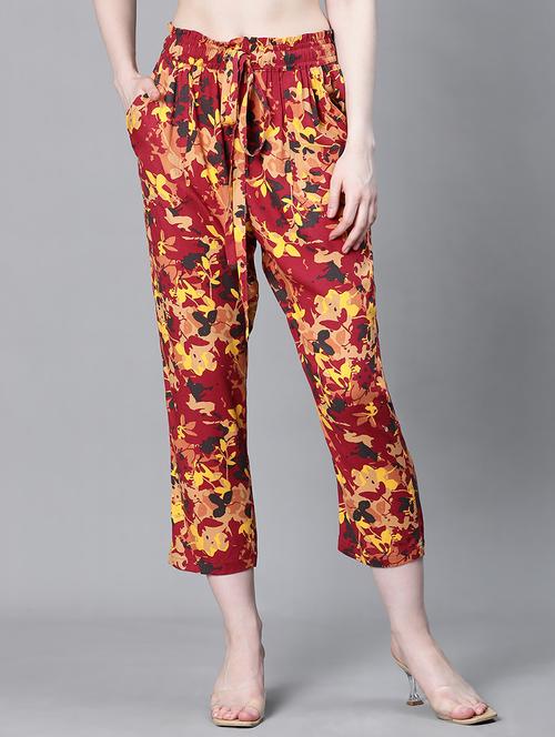 maroon floral printed flat front trouser - 20323066 -  Standard Image - 0