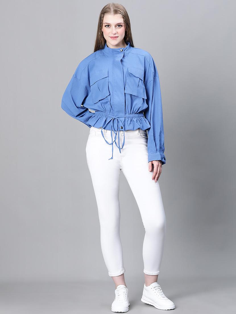 blue self design peplum jacket - 20323100 - Standard Image - 3
