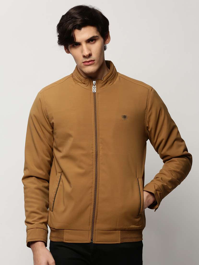 brown nylon bomber jacket