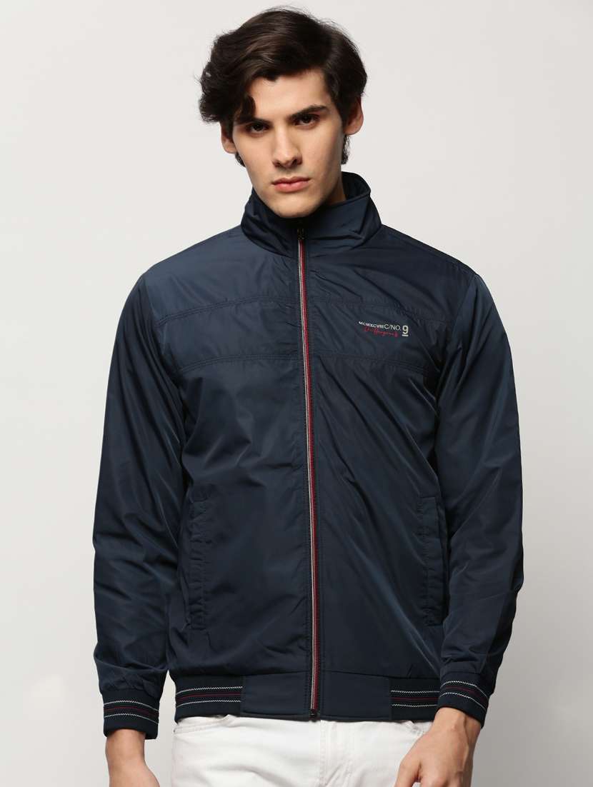 navy blue nylon bomber jacket