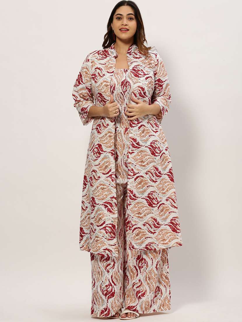 white printed full leg jumpsuit with shrug