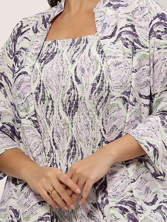 white printed full leg jumpsuit with shrug - 20325543 -  Standard Image - 3