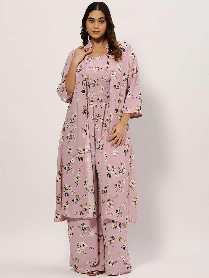 pink floral full leg jumpsuit with shrug