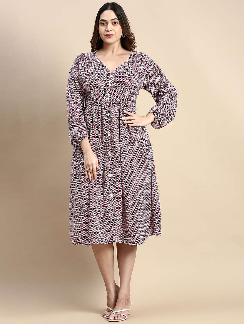 multi color geometric print fit & flare dress - 20325625 -  Zoom Image - 0