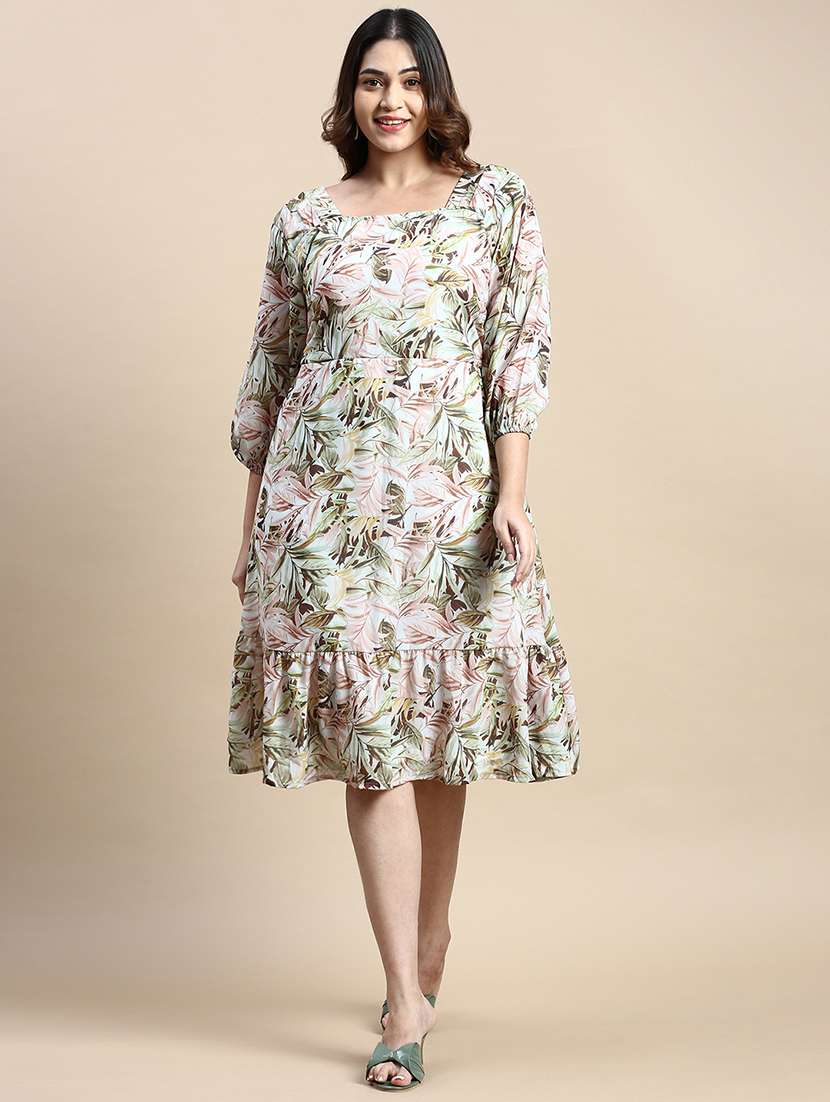 white tropical print a-line dress