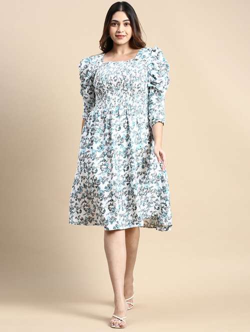 white printed puff sleeves fit & flare dress - 20325660 -  Standard Image - 0