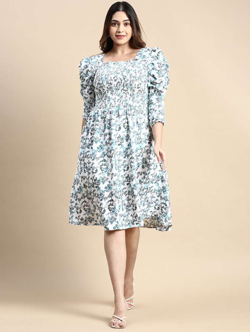 white printed puff sleeves fit & flare dress - 20325660 -  Zoom Image - 0