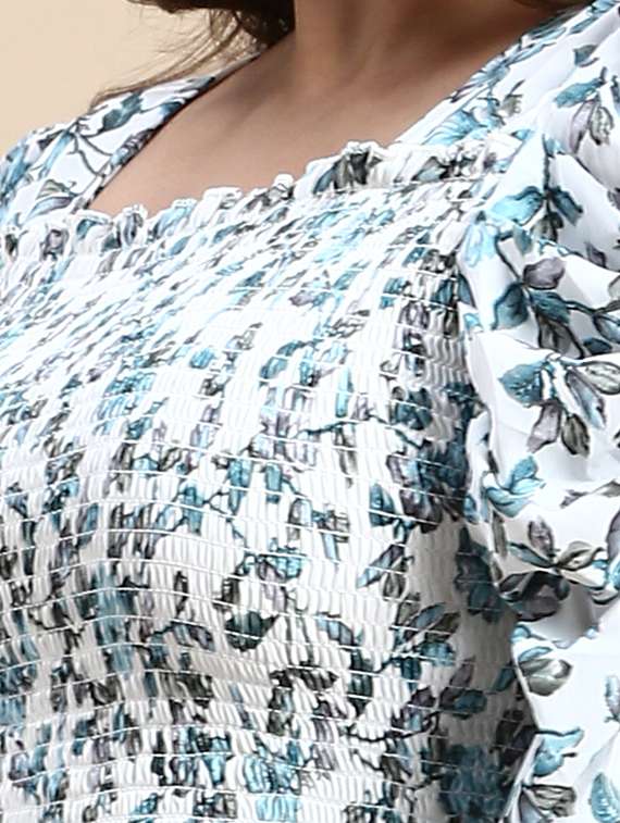 white printed puff sleeves fit & flare dress - 20325660 - Standard Image - 3