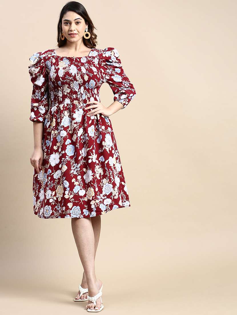 maroon floral fit & flare dress - 20325664 -  Zoom Image - 0