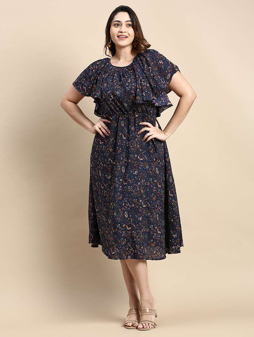 navy blue floral fit & flare dress