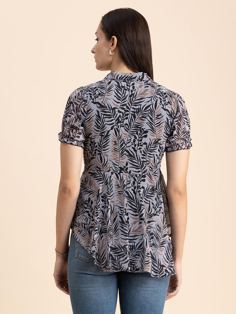 grey printed lapel neck peplum top - 20325691 - Standard Image - 3