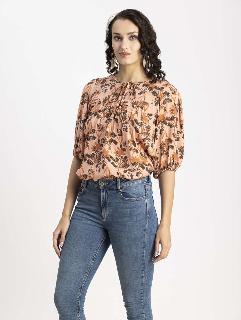 peach printed tie up neck regular top - 20325784 -  Standard Image - 3