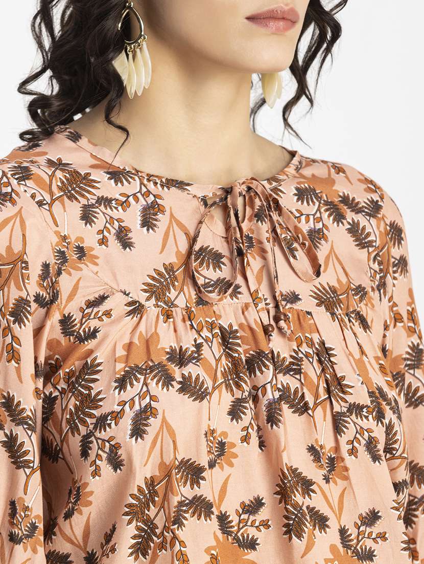 peach printed tie up neck regular top - 20325784 -  Standard Image - 5