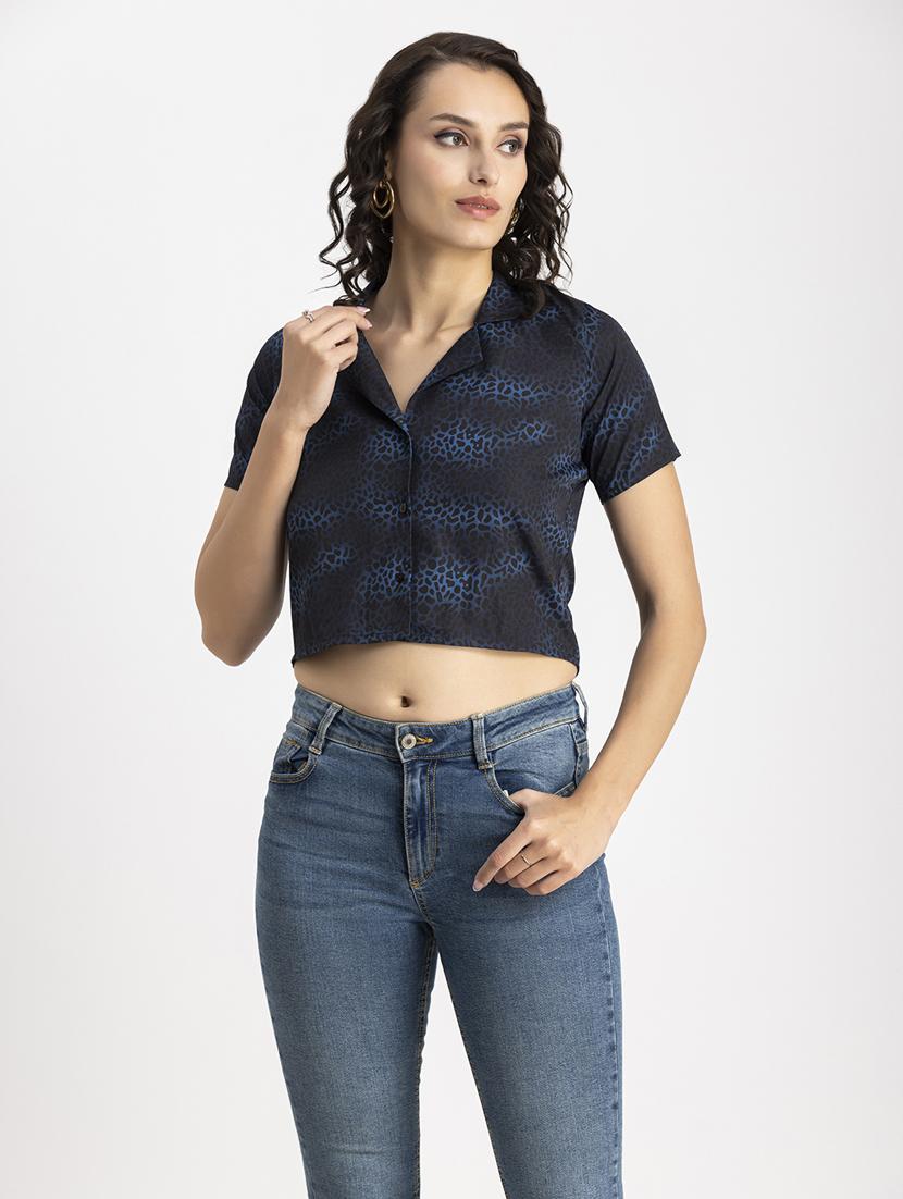 navy blue animal print crop shirt - 20325804 -  Zoom Image - 0
