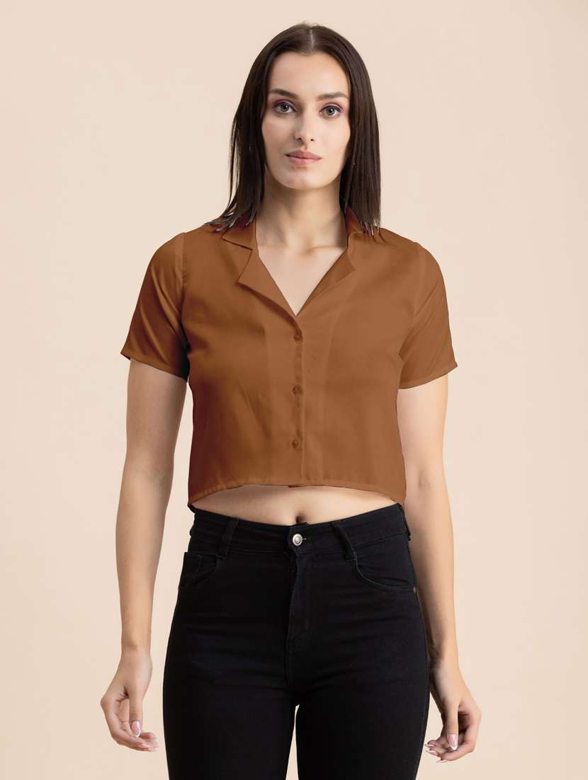 brown solid lapel neck crop top