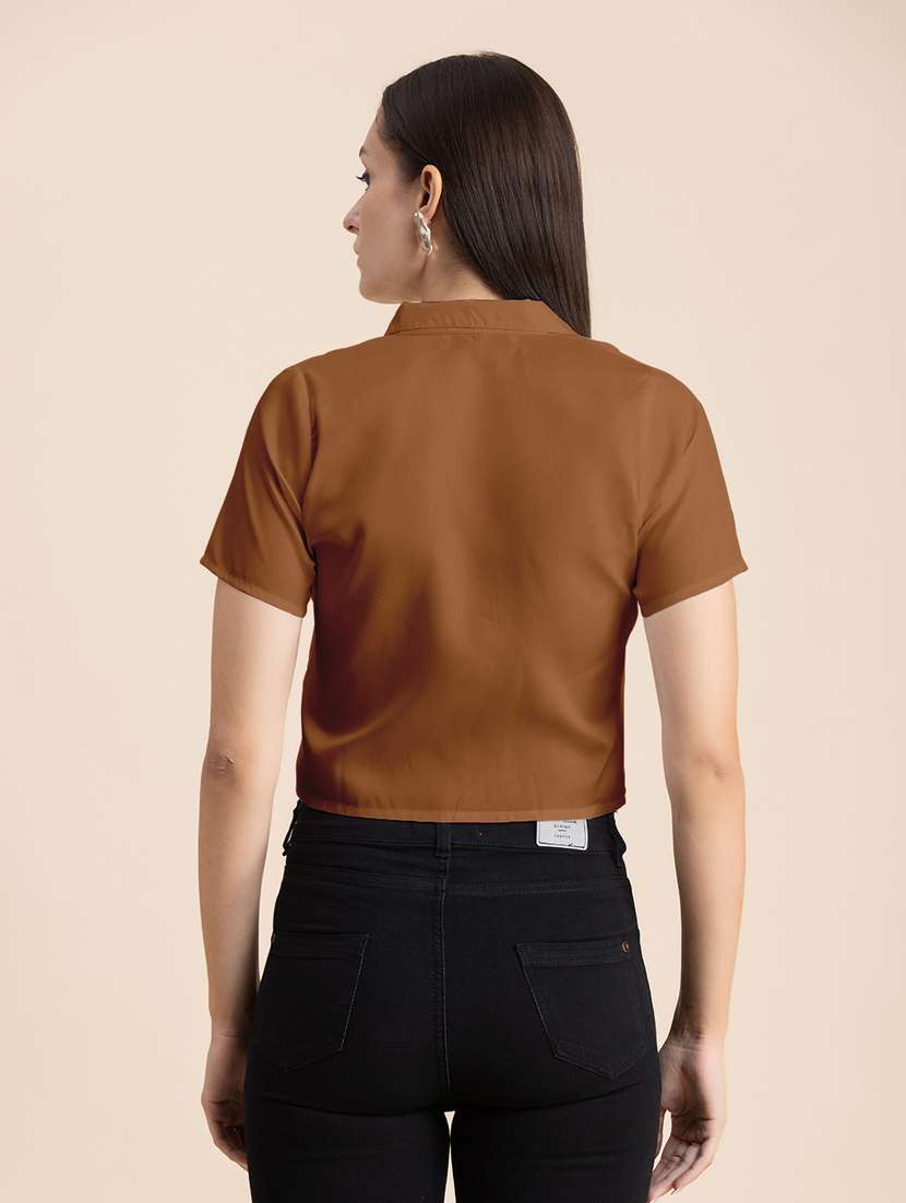 brown solid lapel neck crop top - 20325805 - Standard Image - 3
