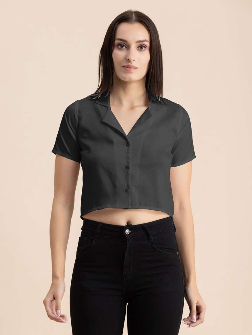 grey solid lapel neck crop top - 20325806 -  Zoom Image - 0