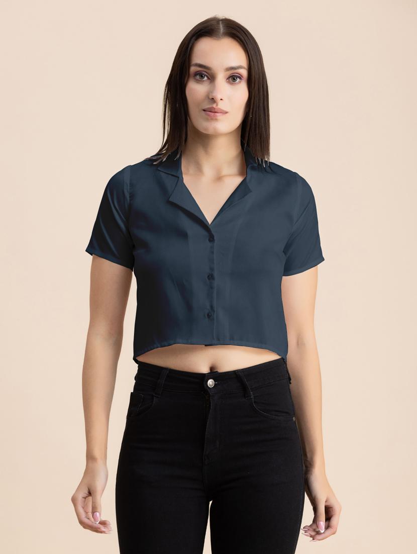 navy blue solid lapel neck crop top - 20325807 - Zoom Image - 0