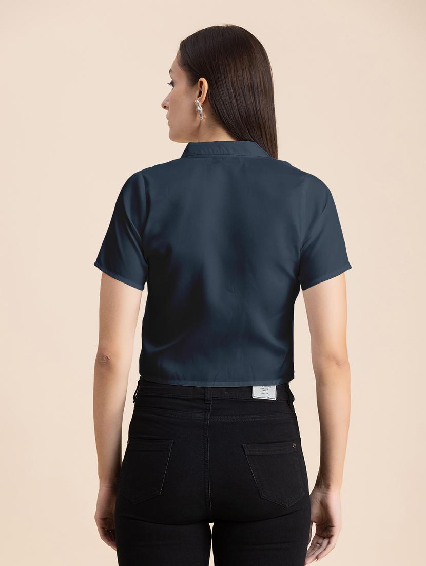 navy blue solid lapel neck crop top - 20325807 - Standard Image - 3