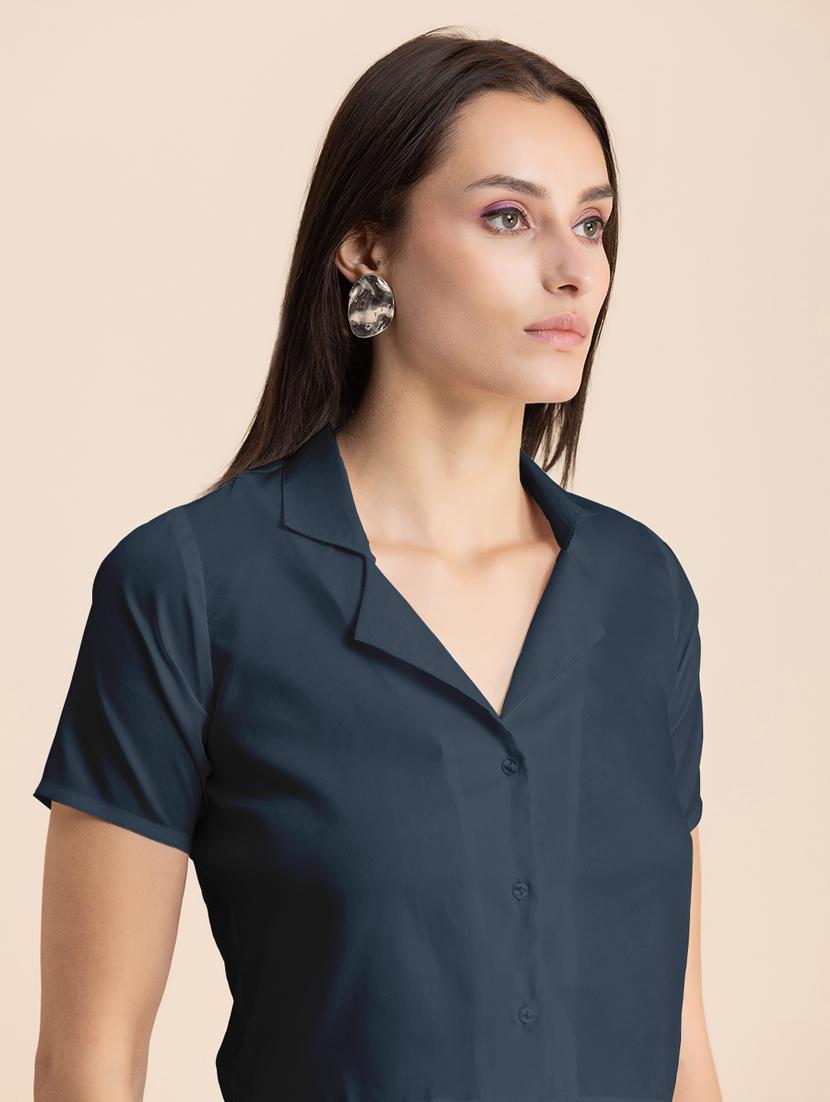 navy blue solid lapel neck crop top - 20325807 - Standard Image - 5