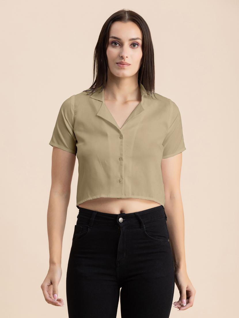 beige solid lapel neck crop top - 20325808 - Zoom Image - 0