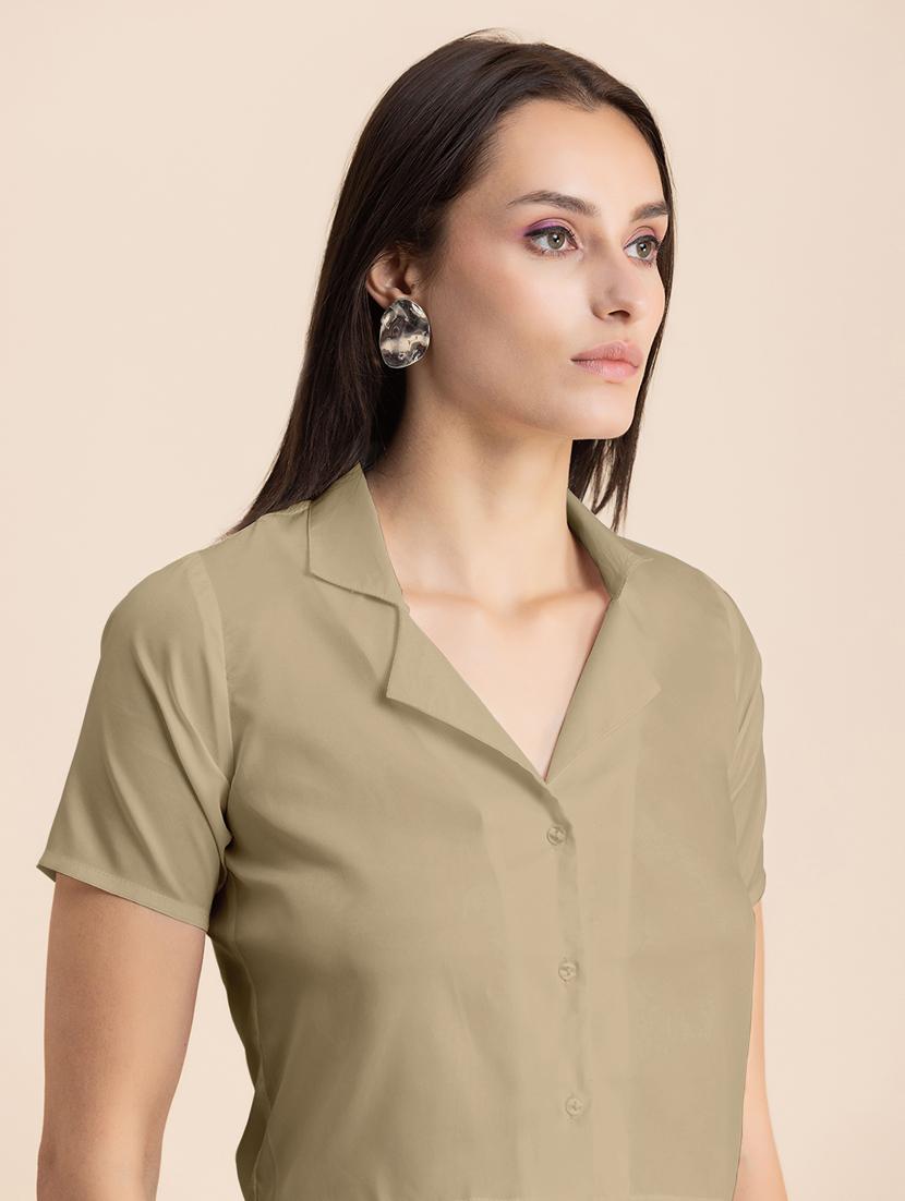 beige solid lapel neck crop top - 20325808 - Standard Image - 5
