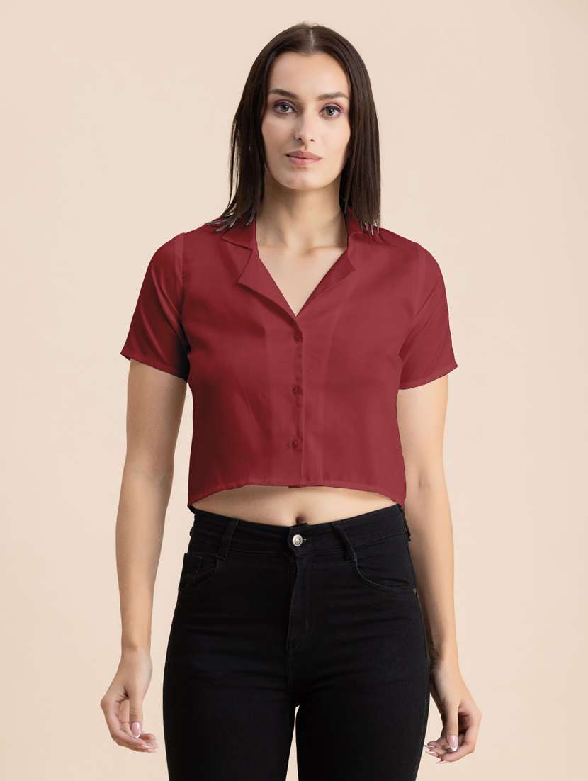 maroon solid lapel neck crop top - 20325809 - Zoom Image - 0