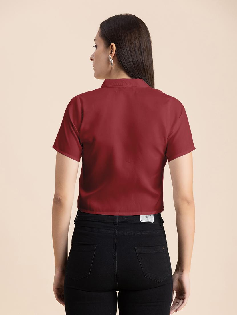 maroon solid lapel neck crop top - 20325809 - Standard Image - 3