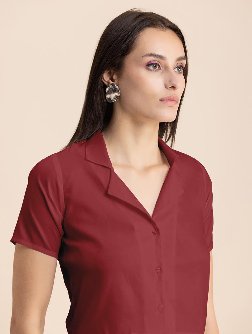 maroon solid lapel neck crop top - 20325809 - Standard Image - 5