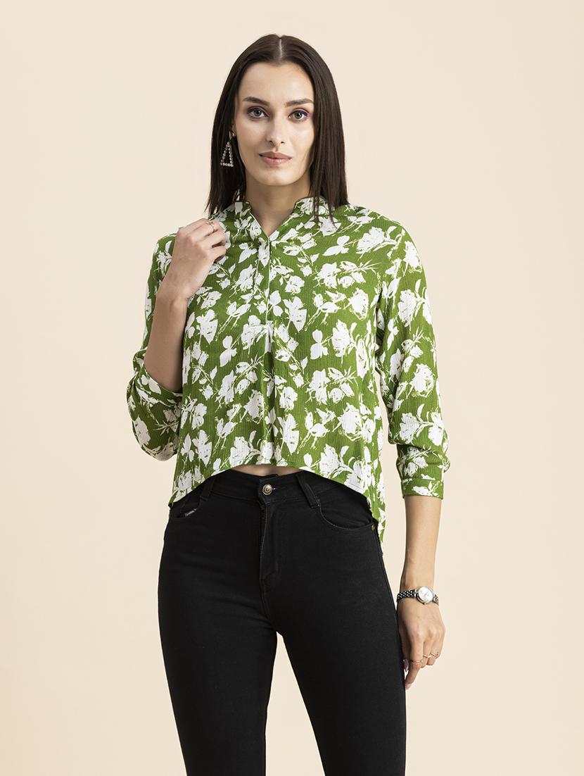 women printed mandarin neck high low top  - 20325811 -  Zoom Image - 0