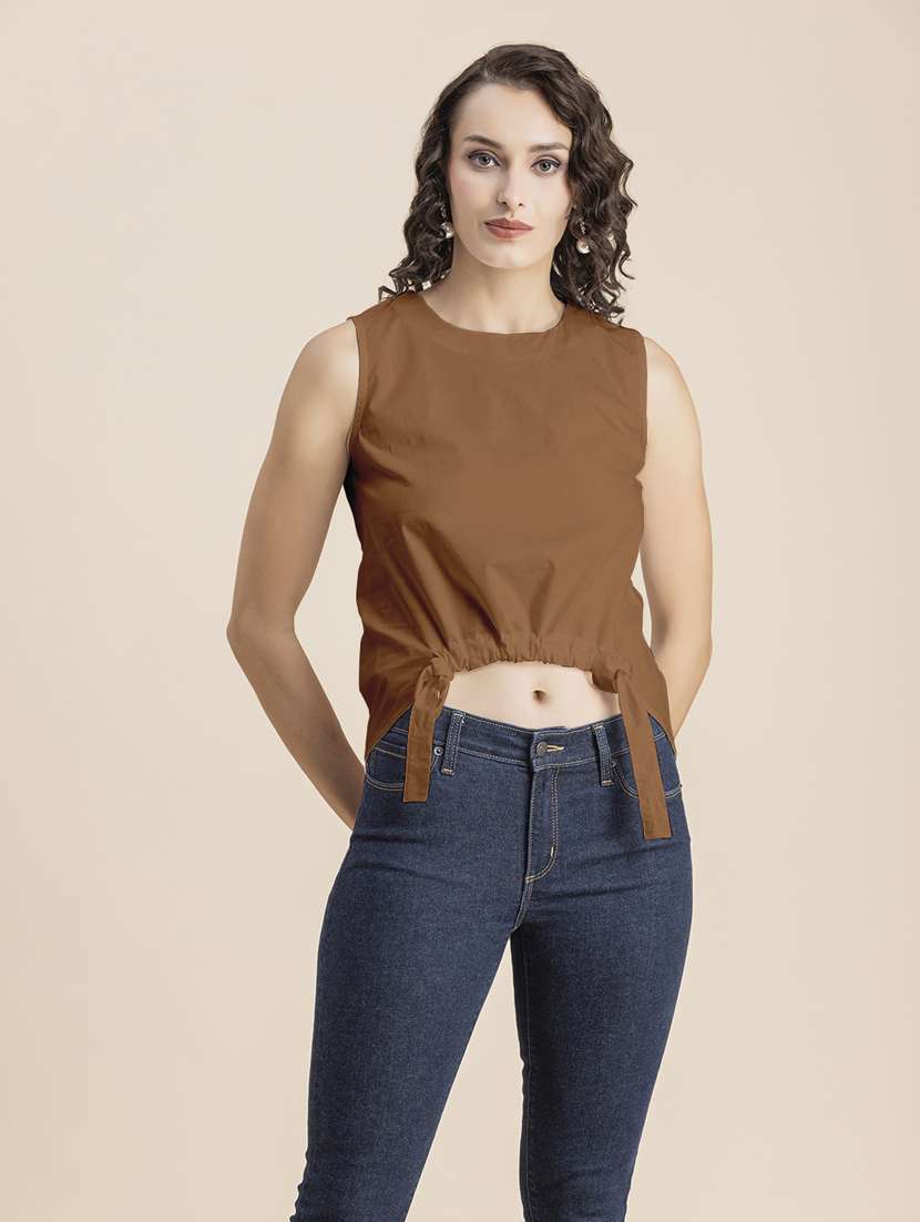 brown solid sleeveless crop top