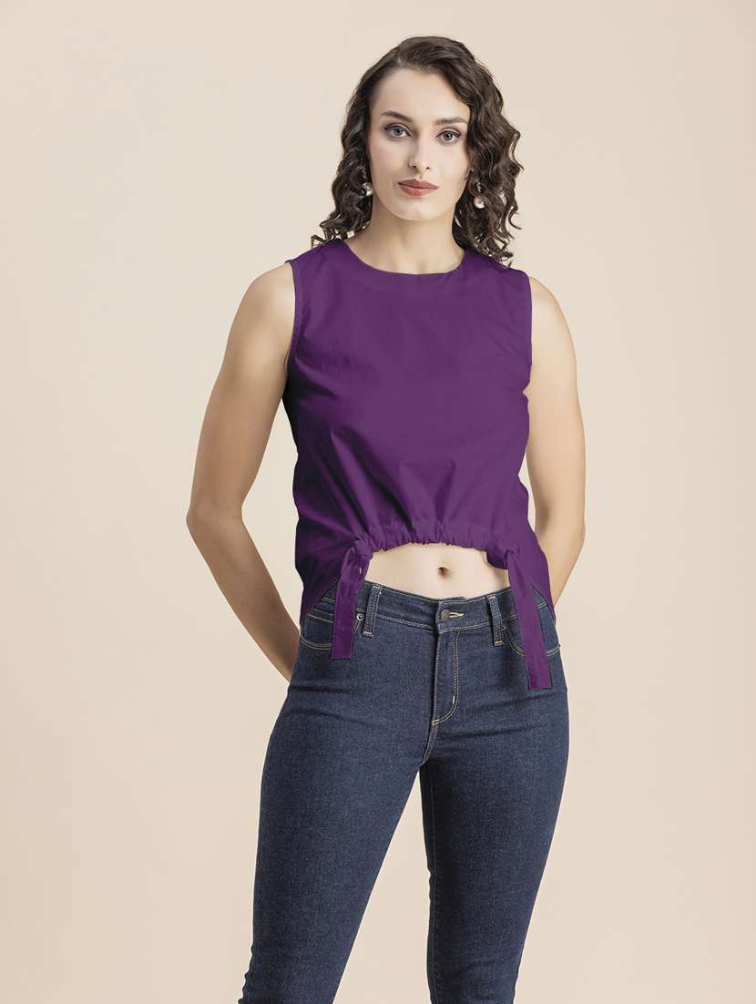 purple solid sleeveless crop top