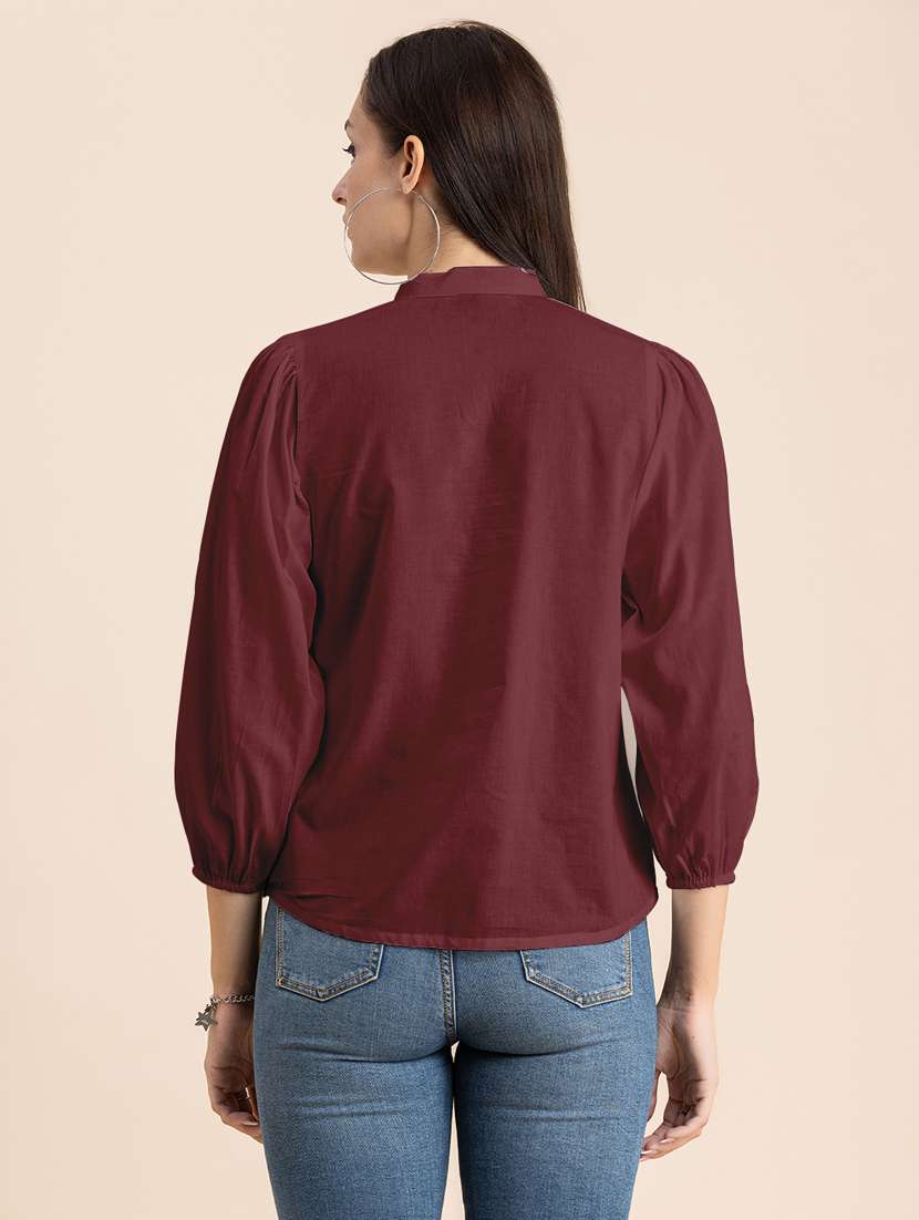 maroon solid puff sleeves regular top - 20325825 -  Standard Image - 3