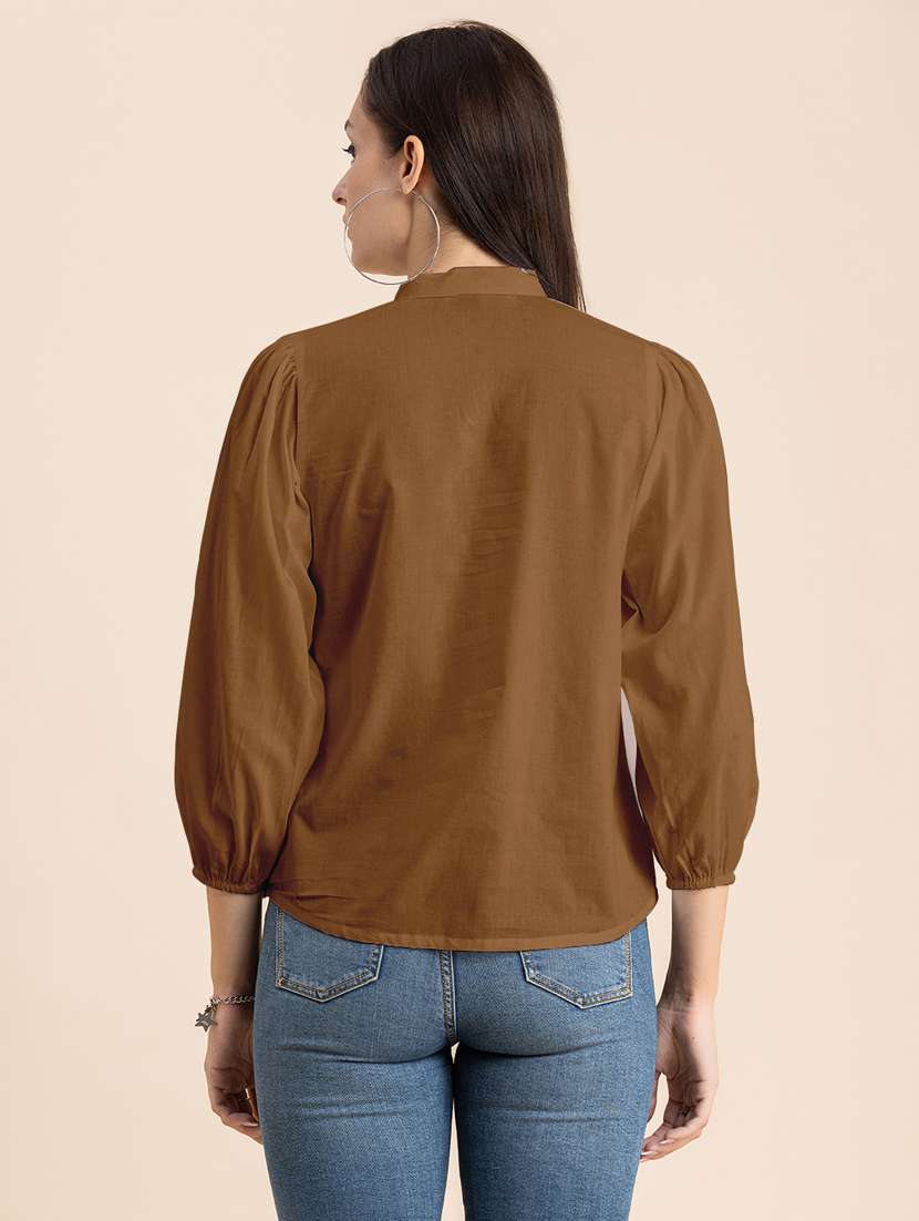 brown solid puff sleeves regular top - 20325826 - Standard Image - 3
