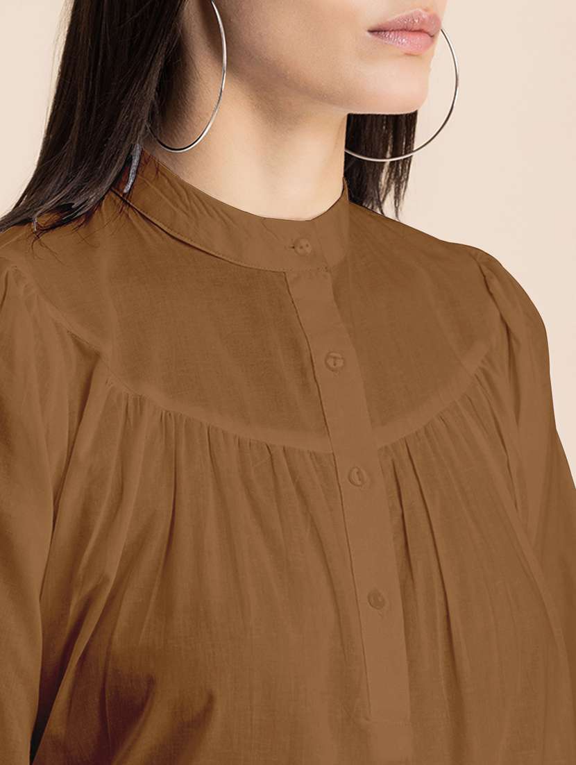 brown solid puff sleeves regular top - 20325826 - Standard Image - 5