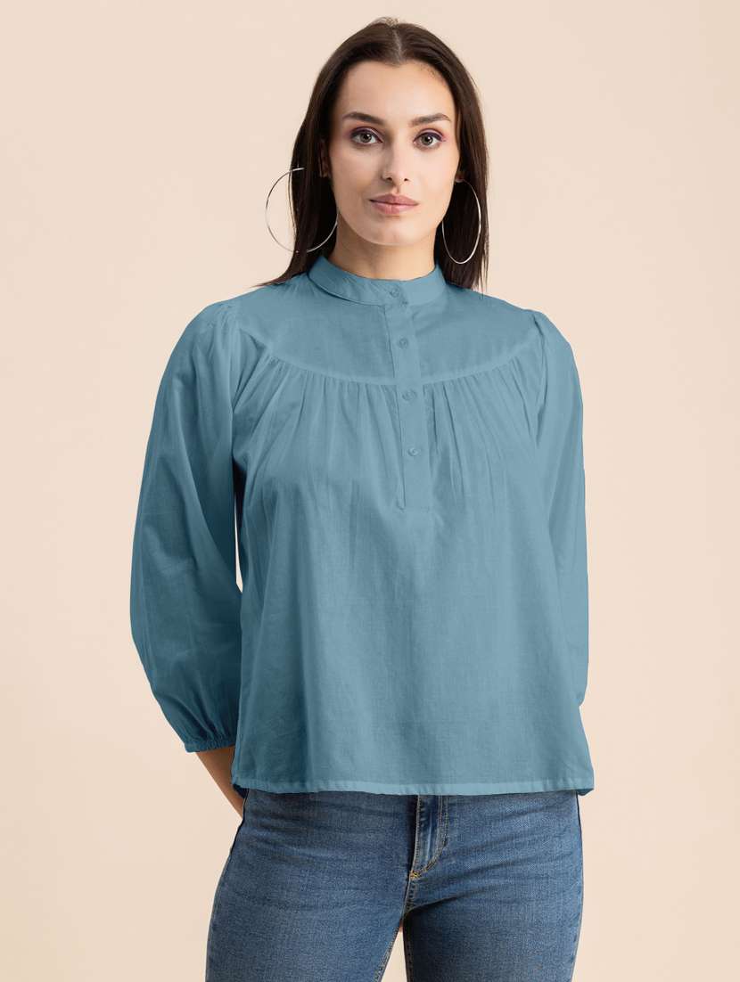 light blue solid puff sleeves regular top