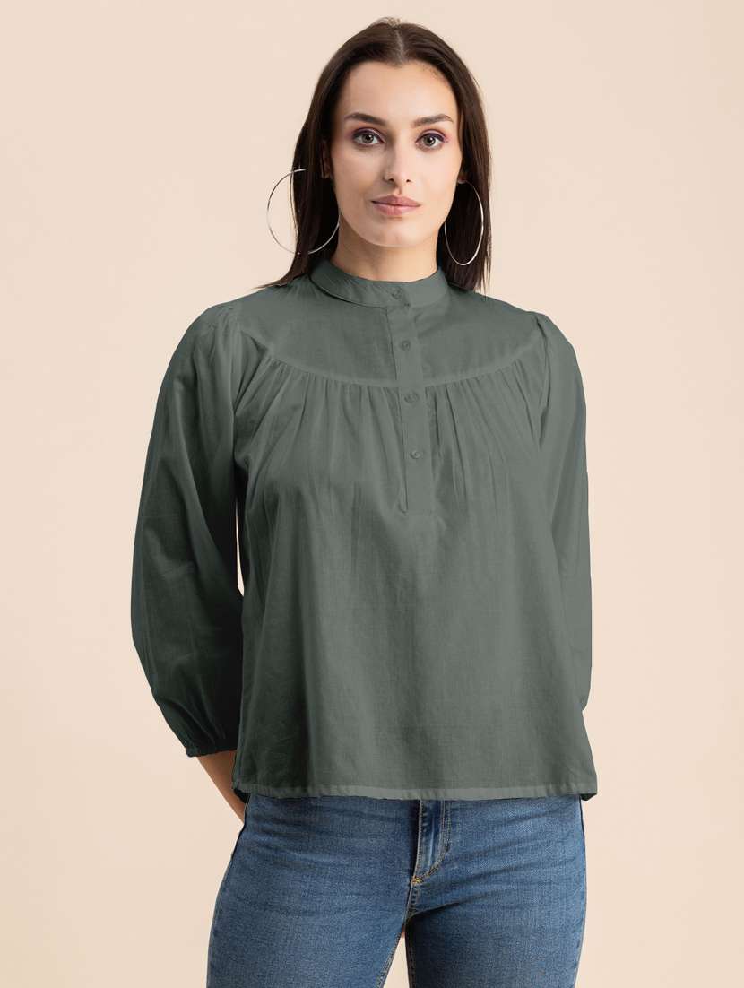 grey solid puff sleeves regular top - 20325828 - Zoom Image - 0