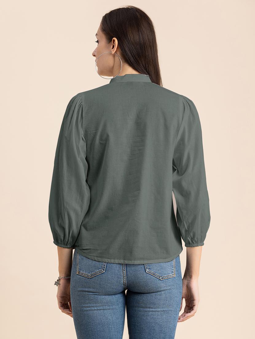 grey solid puff sleeves regular top - 20325828 - Standard Image - 3