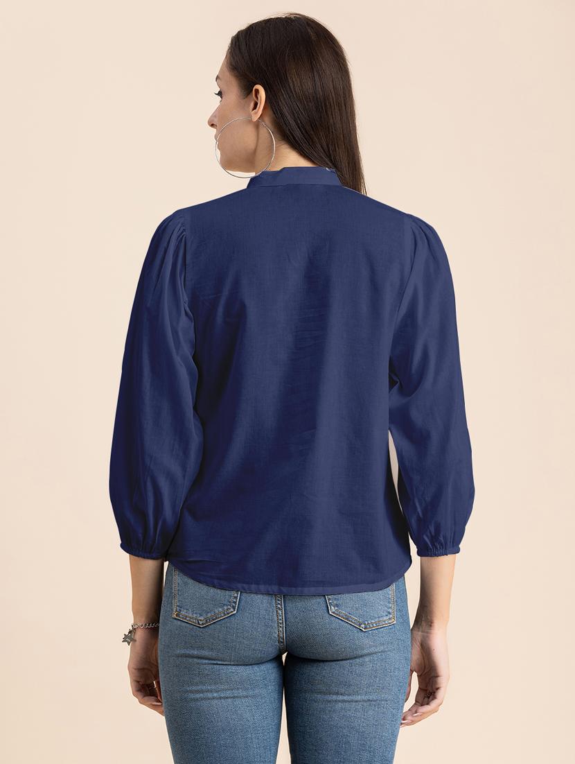 navy blue solid puff sleeves regular top - 20325829 - Standard Image - 3