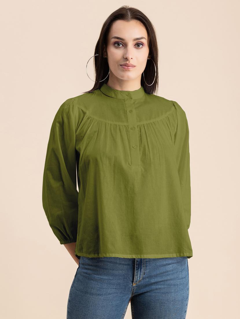 olive solid puff sleeves regular top - 20325830 - Zoom Image - 0