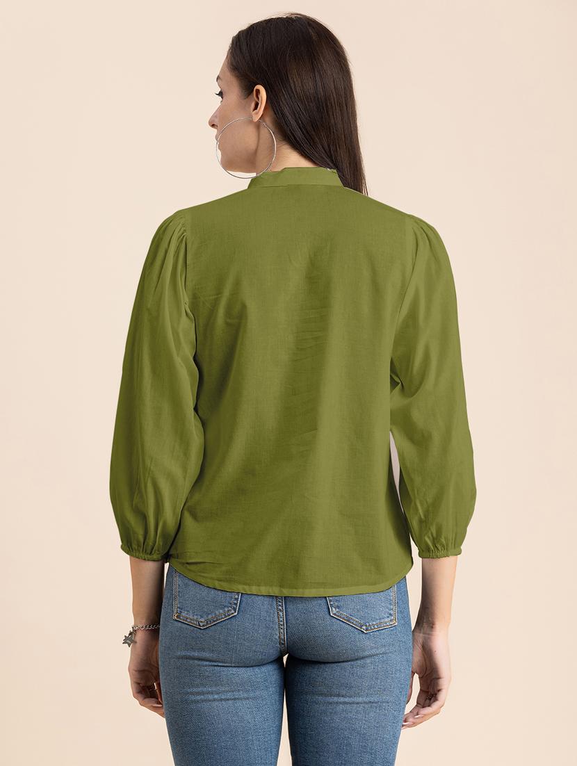 olive solid puff sleeves regular top - 20325830 - Standard Image - 3