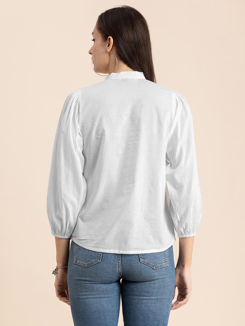 white solid puff sleeves regular top - 20325831 - Standard Image - 3