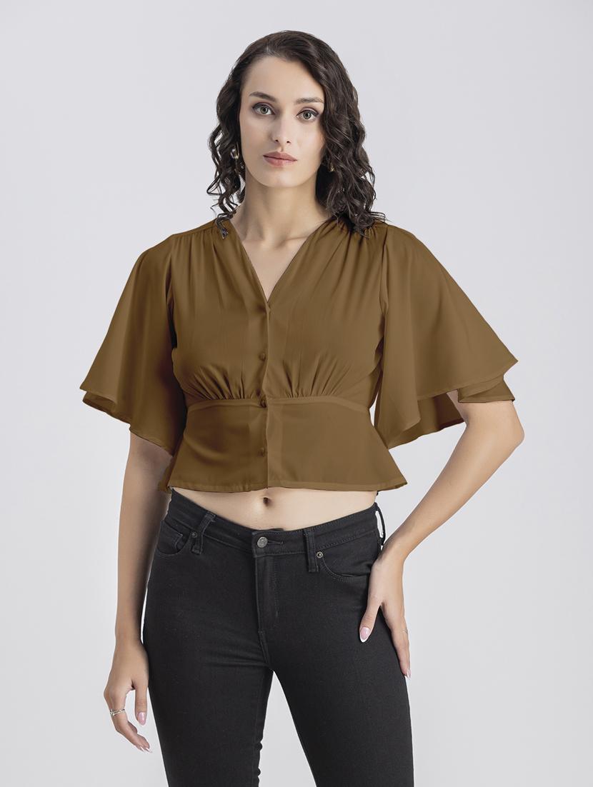 brown solid bell sleeves crop top - 20325832 -  Zoom Image - 0