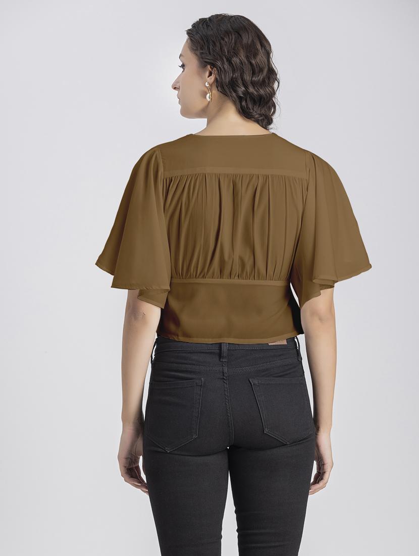 brown solid bell sleeves crop top - 20325832 - Standard Image - 3