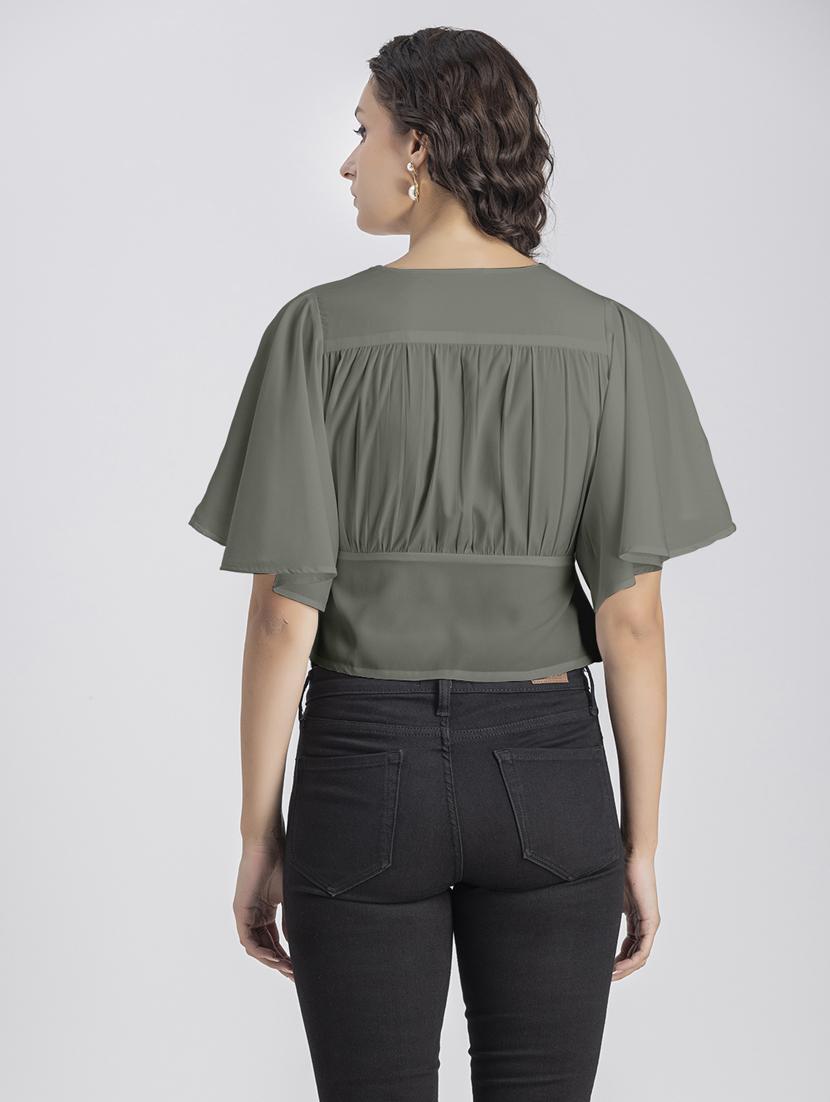 grey solid bell sleeves crop top - 20325834 - Standard Image - 3