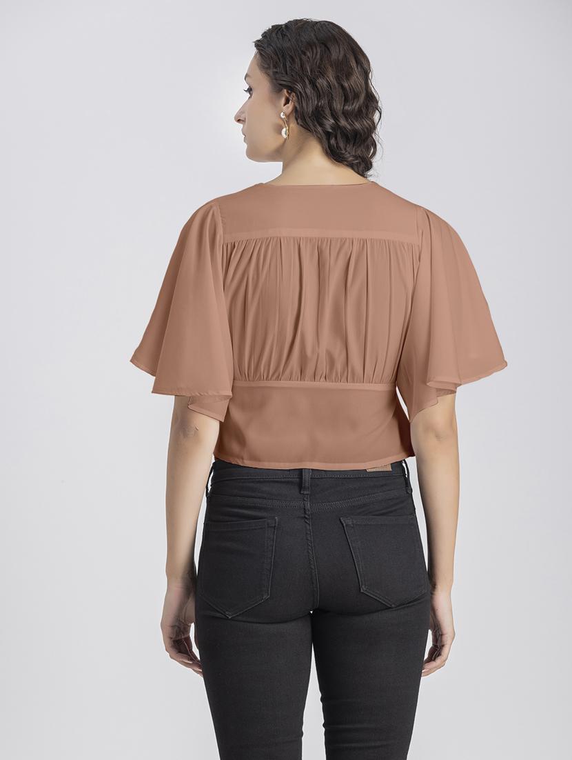 peach solid bell sleeves crop top - 20325835 - Standard Image - 3