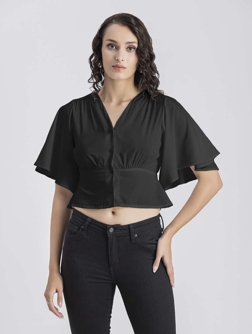 black solid bell sleeves crop top